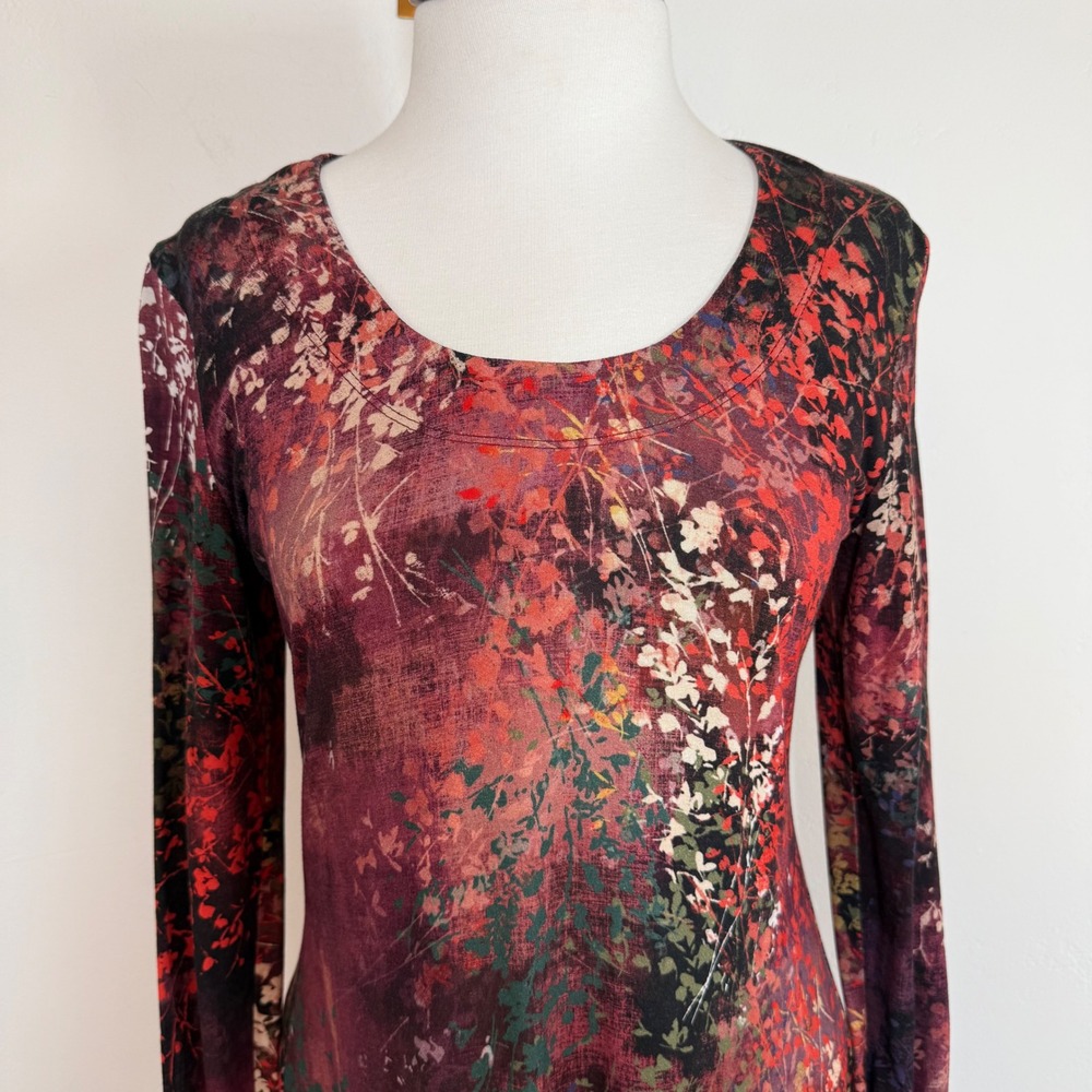 Peruvian Connection Floral Print Tunic Dress Burgundy Small Boho Art To Wear - Picture 2 of 13